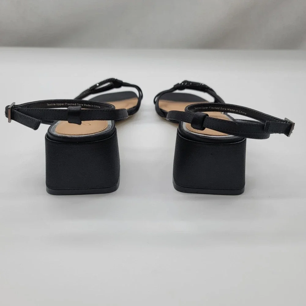 Jewel Badgley Mischka Fern Black Satin Crystal Knot Block Heel Sandal Size 8